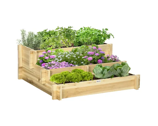 Outsunny Jardiniera pentru plan de cultivare inaltat pe 3 niveluri din lemn de brad, culoare lemnului, 93x93x35 cm | Aosom Romania