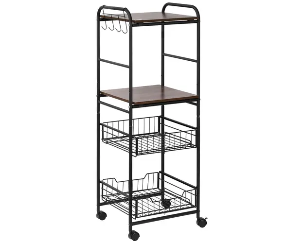 HOMCOM Carucior Bucatarie cu 2 Cosuri Metalice Detasabile, Rafturi PAL, Carlige Laterale, 40x38x111cm, Nuc | Aosom Romania