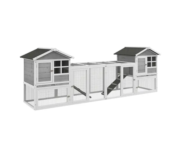 PawHut Adapost Lemn Iepuri Exterior 2 Custi Zona Deschisa Imprejmuita Usi Rampe 259x64x92 cm Gri | Aosom Romania