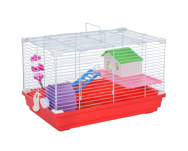 PawHut Cusca pentru Hamsteri cu 2 Nivele din Metal si PP cu Casuta, Rezervor de apa, Roti si Farfurioare, 47x30x27 cm, Rosu si Alb | Aosom Romania