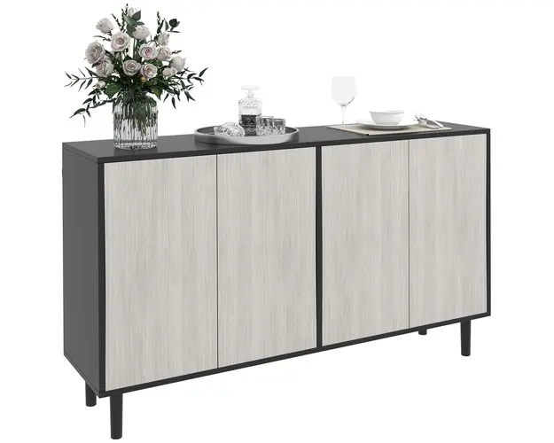 HOMCOM Bufet Modern cu 2 Dulapuri si Raft Reglabil, Mobilier Bucatarie cu 4 Usi si Picioare din Pin, 121x37x75 cm, Negru | Aosom Romania