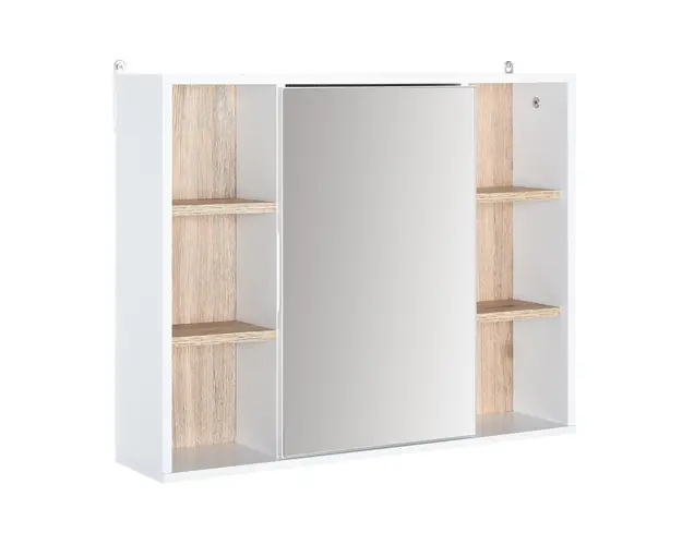 HOMCOM Dulap cu Oglinda din MDF si PAL, Dulap de Baie cu 3 Rafturi Laterale si Raft Interior Reglabil, 60x14.5x49.4 cm, Alb si Lemn Natur | Aosom RO