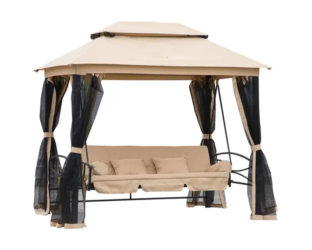 Outsunny Balansoar 3 Locuri cu Copertina, Plasa de Tantari si Perne, Bej 256x172x248cm | Aosom Ro