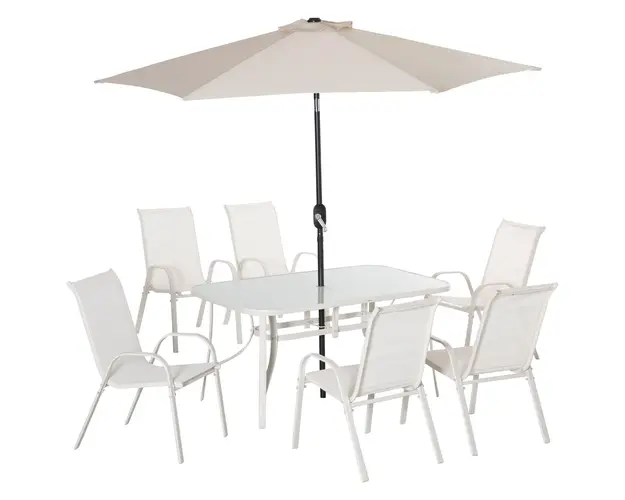 Outsunny Set Complet Mobilier de Gradina 8 Piese, Masa, Scaune, Umbrela de Soare cu Inclinare, Aluminiu, Design Elegant, Alb Crem | Aosom Romania