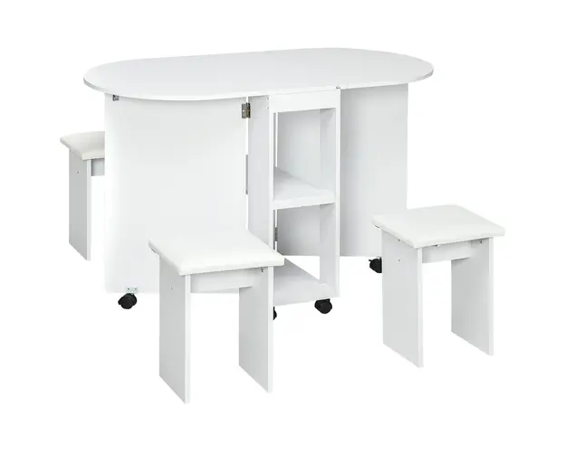 Set de masa pliabil pentru 4 persoane, cu 5 piese, scaune de sufragerie tapitate, cu rafturi de depozitare si 6 roti, alb HOMCOM | Aosom Romania