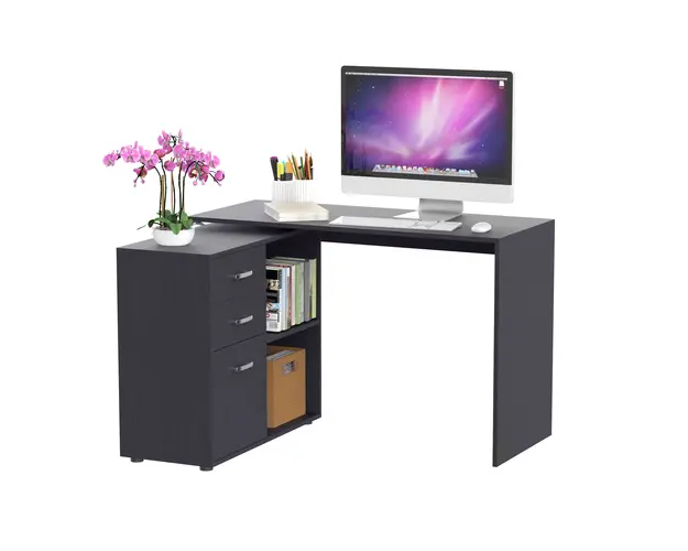 HOMCOM Masa de Birou de colt cu Sertar, pentru Birou si Casa, in Forma de L, Neagra