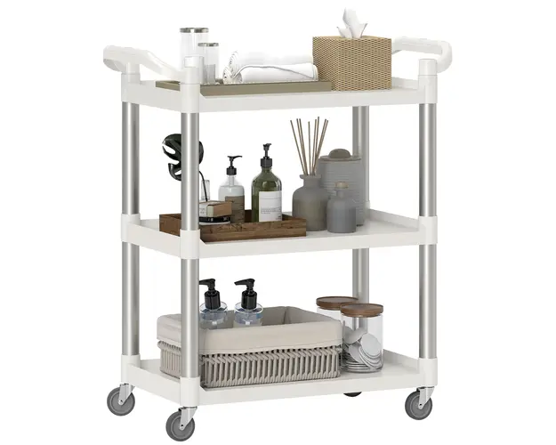 HOMCOM Carucior de Bucatarie cu 3 Rafturi, Roti Pivotante si Suprafata Antiderapanta, 88x44x93 cm, Alb si Argintiu | Aosom Romania
