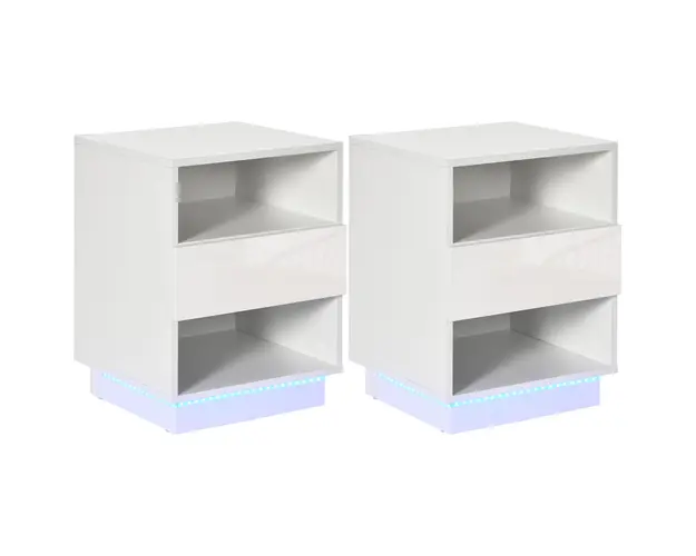 Noptiere moderne cu ED, Set 2 piese din PA alb cu sertar si 2 rafturi deschise, 40x40x55 cm HOMCOM | Aosom Romania