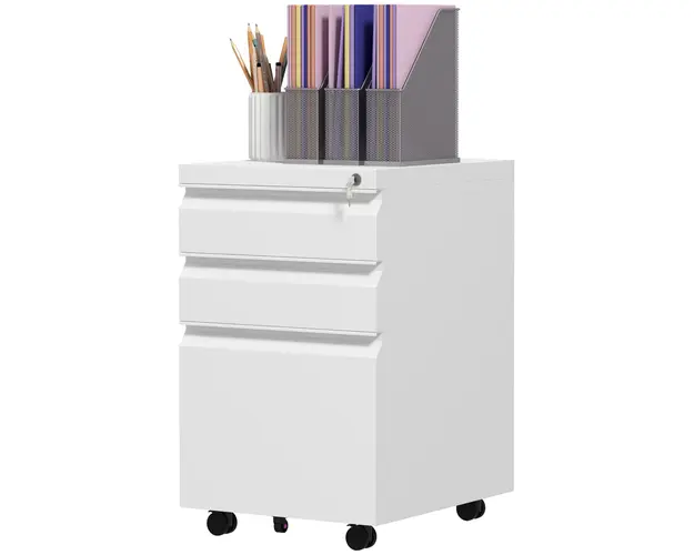 Vinsetto Dulap de Arhivare Mobil cu 3 Sertare, Comoda cu Roti din Otel, Inchidere cu Cheie, Format A4, 37x43,5x60 cm, Alb | Aosom Romania