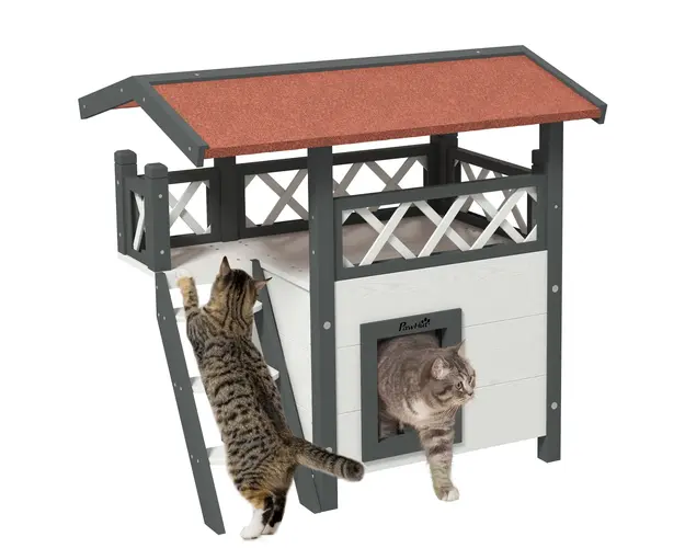 PawHut Casuta pentru Pisici de Exterior cu Terasa si Scara, Adapost pentru Pisici si Animale Mici din Lemn, 77x50x73 cm, Alb