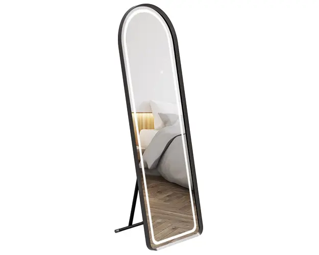 HOMCOM Oglinda Arcuita cu Lumini LED si Montare Perete sau Sprijinire, 152x50 cm, Negru | Aosom Romania