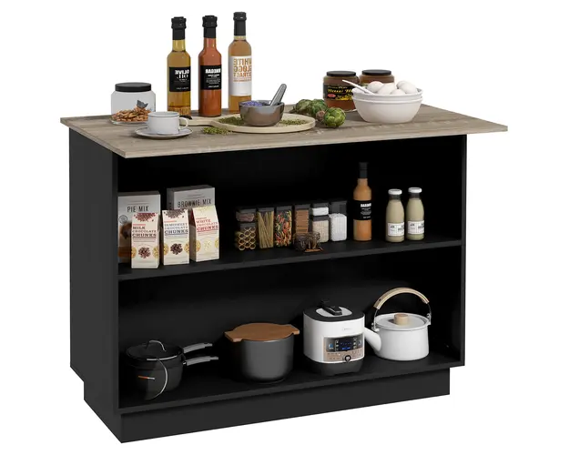 HOMCOM Insula de Bucatarie cu Bar, Carucior de Bucatarie cu 2 Compartimente Deschise si 2 Dulapuri, 105x60x82 cm, Negru | Aosom Romania