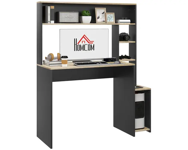 HOMCOM Oficiu cu 3 Rafturi, Birou din Lemn cu Suport CPU, 114x45x138 cm, Gri si Lemn Natural | Aosom Romania