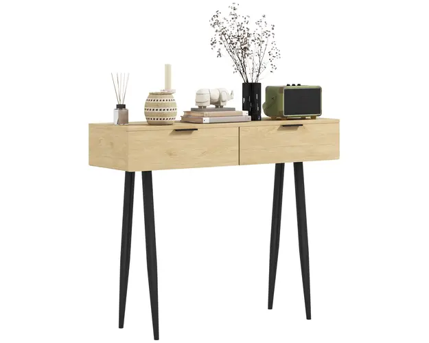 HOMCOM Consola de Intrare cu 2 Sertare, Masa Consola din Lemn cu Picioare din Otel, 100x30x80,5 cm, Lemn Natural | Aosom Romania