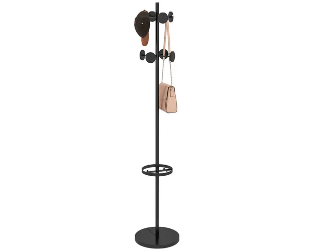 HOMCOM Suport pentru Haine si Umbrele, Cuier Independent cu 8 Carlige Rotunde pentru Haine, Palarii si Posete, Φ34x177 cm, Negru | Aosom Romania