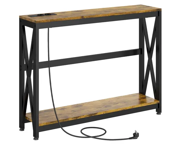 HOMCOM Masa Subtire de Consola, Masa Industriala cu Doua Nivele, Masa de Canapea Ingusta cu Cadru X din Otel, 100x24x75 cm, Maro
