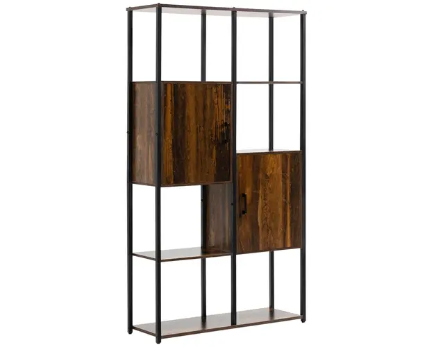 HOMCOM Biblioteca Industriala cu 4 Rafturi si 2 Dulapuri, 90x30x159.5 cm, Metal si Lemn, Negru-Maro | Aosom Romania