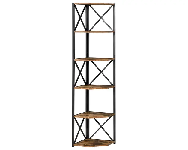 HOMCOM Biblioteca pe colt, Raft Industrial din Lemn si Metal cu 5 Etajere, raft de perete, Maro Rustic | Aosom Romania