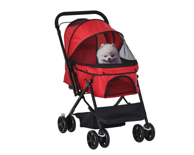 PawHut Carucior Pliant pentru Caini Mici cu Maner Rotativ, Roti cu Frane si Cos de Depozitare, 76,5x52x95 cm, Rosu | Aosom Romania