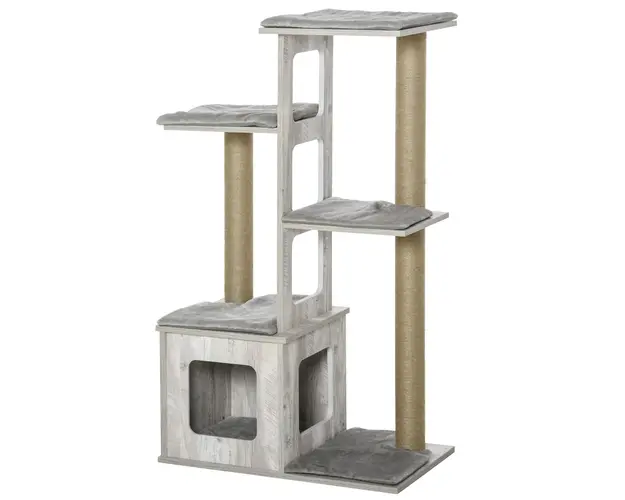 PawHut Copac Zgariat Pisici, Multinivel, Casuta, Franghii Iuta, Design Compact, 67x38.5x114 cm, Gri | Aosom Romania