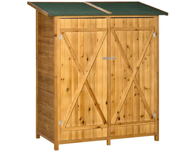 Outsunny Magazie de Gradina din Lemn cu 2 Usi cu Taburet Inalt cu 2 Rafturi si Acoperis Hidrofug, 140x75x157 cm | Aosom Romania