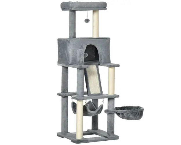 PawHut Arbore de Zgariat pentru Pisici, cu Stalpi din Sisal, Casa de Plus, Pat si Hamace, 48x48x140cm, Gri | Aosom Romania