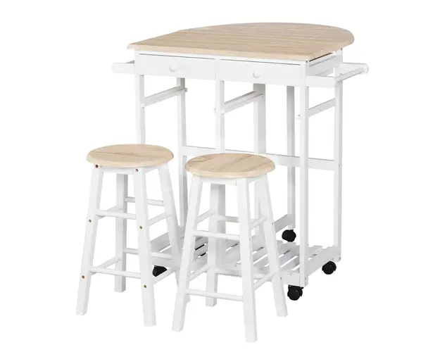 Masa pliabila cu 2 scaune si 4 roti, set masa cu 2 scaune 83,5x74x83cm alb si lemn HOMCOM | Aosom Romania