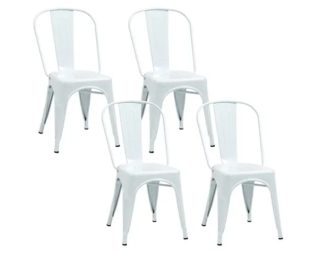 Set de 4 Scaune de Masa Industriale HOMCOM, din Otel Stivuibile cu Spatar si Scaun Scobit, Alb | Aosom Romania