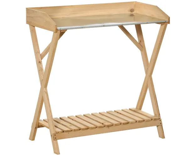 Outsunny Banca de Gradinarit cu Blat din Metal Anti-Rugina si Suprafata de Lucru din Lemn, Include Raft pentru Depozitare, 80x40x84 cm | Aosom Romania