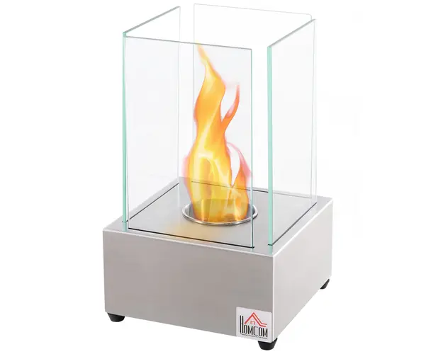 HOMCOM Semineu de Masa cu Bioetanol de 0.4L, Soba din Otel si Sticla pentru Spatii Interioare si Exterioare, 20x20x33 cm, Argintiu | Aosom Romania