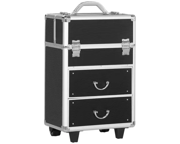 HOMCOM Valiza Profesionala pentru Machiaj, Aluminiu si Otel Armat, cu Incuietoare si Roti, Negru 36x23x58cm | Aosom Romania