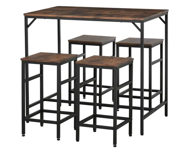 HOMCOM Set Masa Bar inalta cu 4 Taburete, Stil Industrial, Metal si Lemn, Design Bicolor, Picioare Ajustabile, Ideal pentru Bucatarie | Aosom Romania