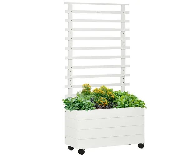 Outsunny Jardiniera Verticala Mobila cu Suport pentru Plante Cataratoare, din Lemn de Brad, 4 Roti, 76x30x155 cm, Alb | Aosom Romania