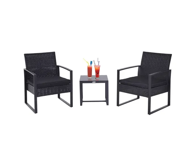 Set Mobilier in Rattan Outsunny de Extern Masa cu 2 Scaune si Perne , Negru | Aosom Romania