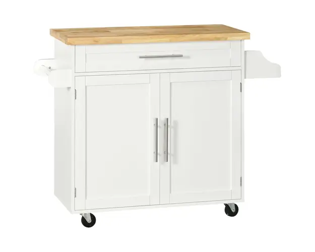 Carucior de bucatarie cu sertar si dulap, 4 roti din care 2 cu frana, lemn, 109x40x89cm, alb HOMCOM | Aosom Romania