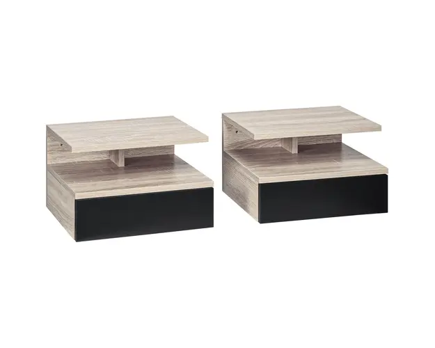 HOMCOM Set 2 Noptiere Suspendate pentru Dormitor, Design Modern cu Sertar si Raft, din Lemn, 35x32x22.5cm, Stejar si Negru | Aosom Romania