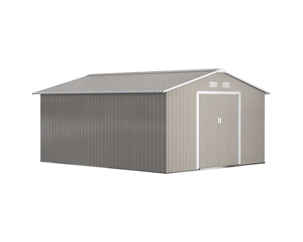 Outsunny Magazie de Gradina cu Usi Duble Glisante si Acoperis Inclinat, Sopron de Gradina din Otel si PP, 3.4x4x2m, Gri | Aosom Romania