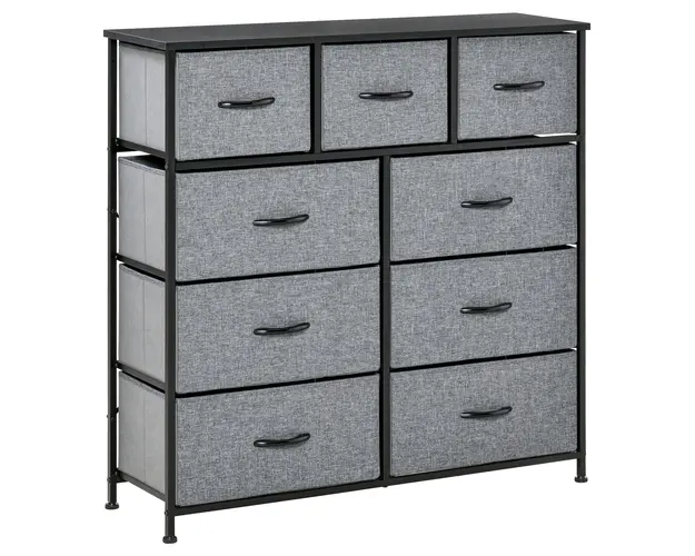 HOMCOM Comoda Pliabila cu 9 Sertare din Tesatura, Blat din Lemn MDF si Picioare Reglabile, 84x30x92 cm, Gri | Aosom Romania