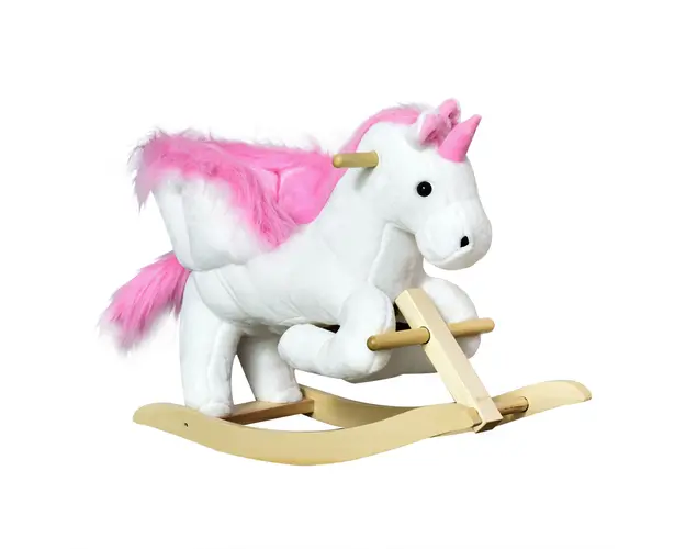 Cal tip Balansoar Unicorn cu Muzica HOMCOM, Structura din Metal si Lemn, Tepiterie din Plus, 65x32x55cm, Alb Roz | Aosom Romania