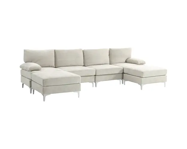HOMCOM Canapea Modulara de 4 Locuri cu 2 Fotolii pentru Picioare, Perne pentru Brate si Spatar, 313x149x88 cm, Crem Alb | Aosom Romania