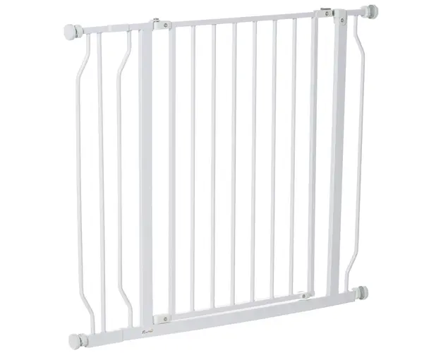 PawHut Poarta pentru Caini, Bariera Larga pentru Scari cu Usa, 76x75-95 cm, Alb | Aosom Romania