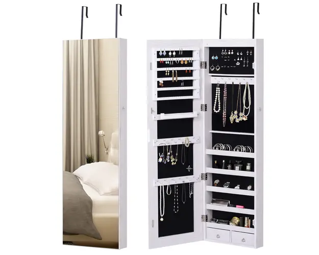 HOMCOM Oglinda pentru Bijuterii cu 6 Lumini LED si Spatii de Depozitare, 37x10x120 cm, Alb | Aosom Romania