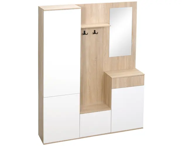 HOMCOM Organizator Multifunctional pentru Intrare cu Oglinda, Banca pentru Pantofi, Dulapuri, Suport Haine, Sertar si Raft | Aosom Romania