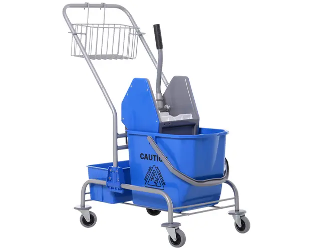 HOMCOM Carucior Profesional de Curatenie cu Cos Suspendat, Raft si Galeata de 25L cu Storcator, 72x49,5x95 cm, Albastru | Aosom Romania