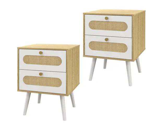 Noptiera Boho cu 2 Sertare Ratan Picioare Lemn Design Modern 40x40x55cm HOMCOM | Aosom Romania