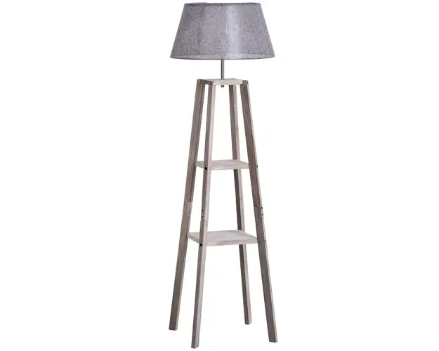 HOMCOM Lampadar din Lemn cu Raft si Abajur din Tesatura, Design Modern pentru Salon, Intrerupator de Picior, 64x38x163.5 cm, Gri | Aosom Romania