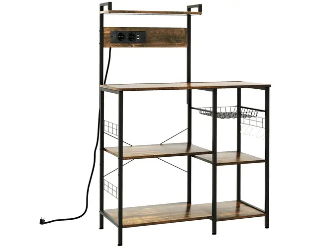HOMCOM Raft de Bucatarie cu Prize Mutiple, Dulap Bucatarie pentru Microunde cu Rafturi si Cos din Sarma Stil Industrial, 90x42x130cm, Maro