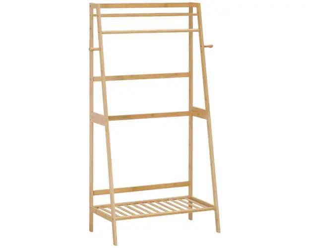HOMCOM Suport de Imbracaminte din Bambus cu 2 Rafturi de Depozitare, 2 Carlige si Sina de Agatat, Design Natural | Aosom Romania