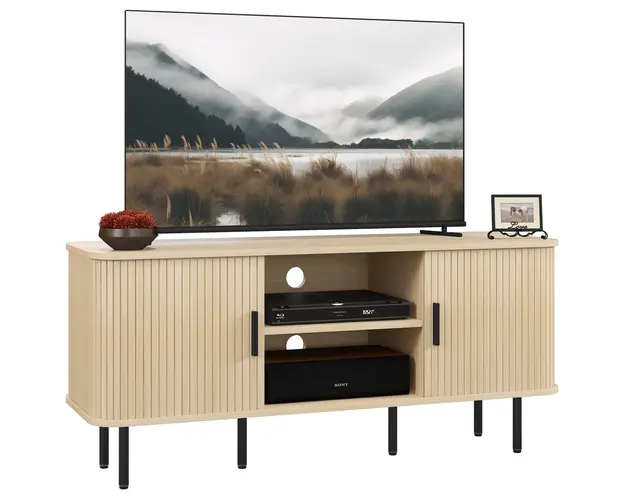 HOMCOM Dulap TV cu 2 Dulapuri, 2 Rafturi si 2 Orificii pentru Cabluri, Mobilier TV din Lemn, 120x40x55 cm, Lemn Natural | Aosom Romania