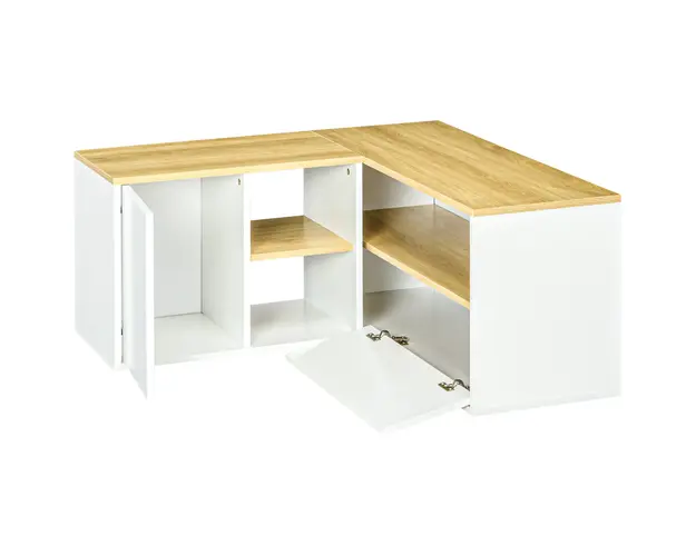 Dulap TV in forma de L pentru televizor de 40" cu 3 rafturi deschise si 2 dulapuri, din PAL, 90x90x45 cm, stejar si alb HOMCOM | Aosom RO